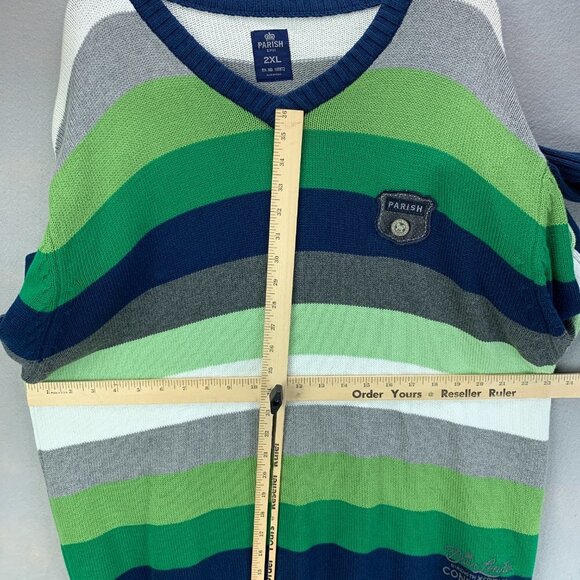 Parish Nation Sweater Mens 2XL‎ Blue Green Pullover Striped Long Sleeve V Neck - Picture 10 of 16